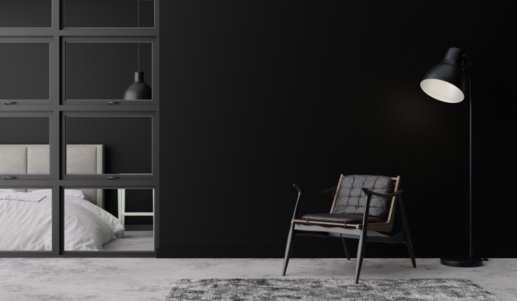 Inicio 2 empty black wall modern living room mock up interior contemporary loft style free copy space your picture text another design black leather armchair concrete floor 3d rendering 1